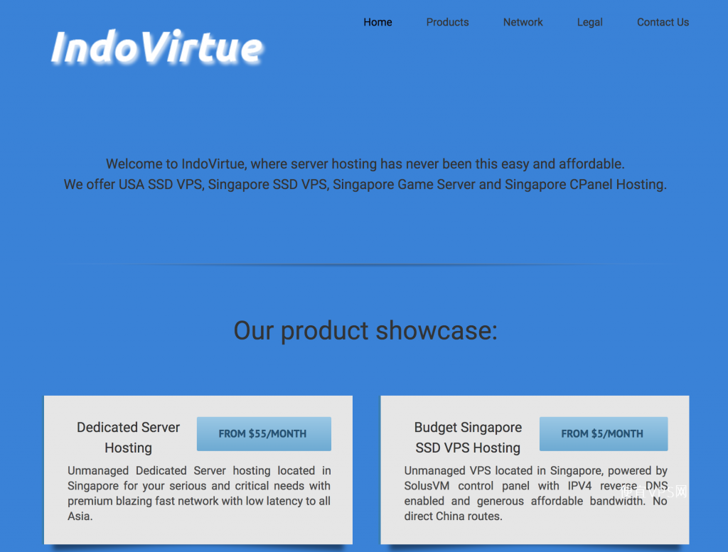 IndoVirtue：$55/月 新加坡服务器 / E3-1230v2 / 8G 内存 / 120G SSD / 100Mbps / 无限流量